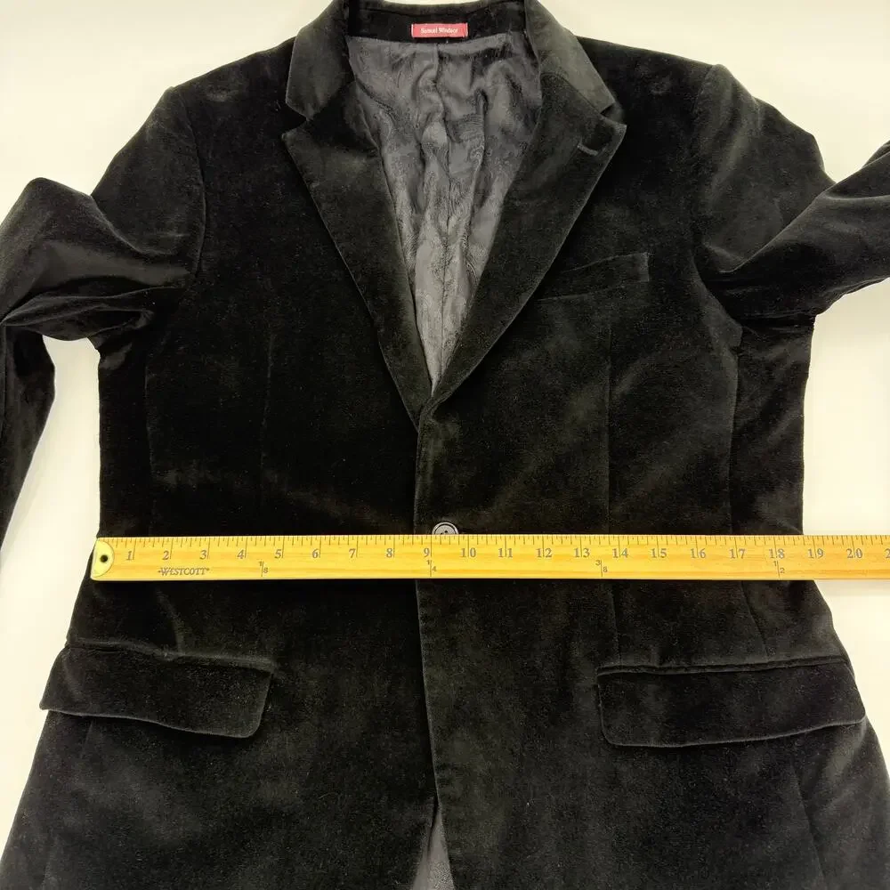 SAMUEL WINDSOR Mens Velvet Single Button Blazer Size 38S Black Regency Jacket